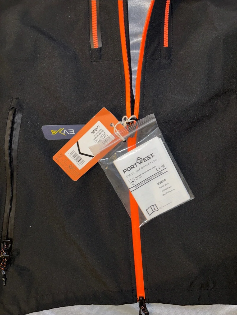 Portwest NWT EV460 Waterproof Shell Jacket - Charcoal, Black & Orange - Large